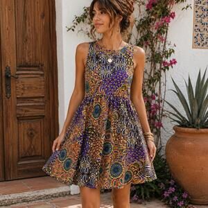 Earthbound Trading Co Sleeveless Paisley Floral Fit & Flare Dress Women’s S Boho